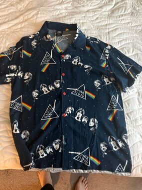Pink Floyd Navy Button-Up Shirt with Rainbow Prism Print